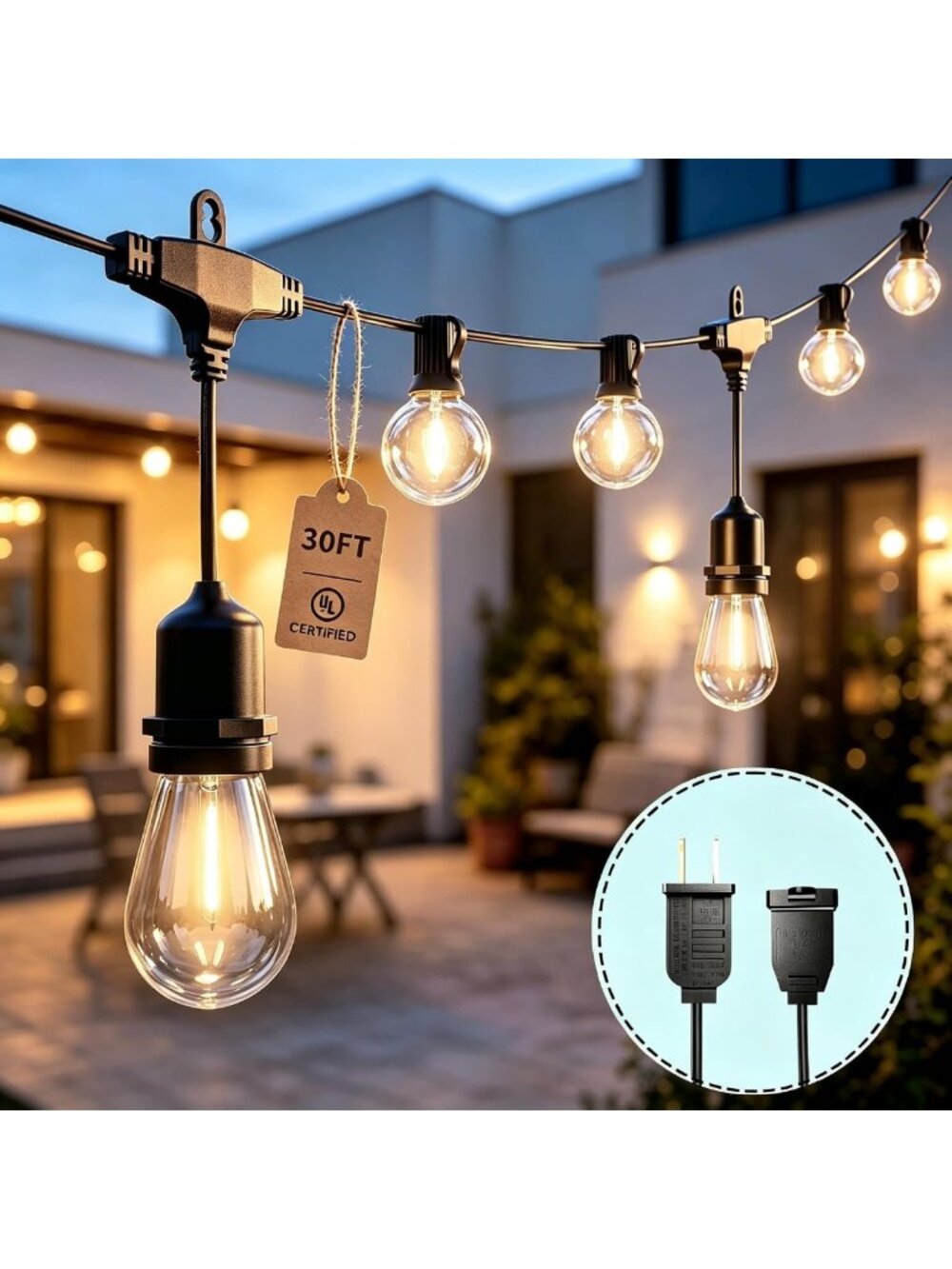 30Ft LED Outdoor String Lights, 13 Waterproof Dimmable Bulbs, Connectable Decor